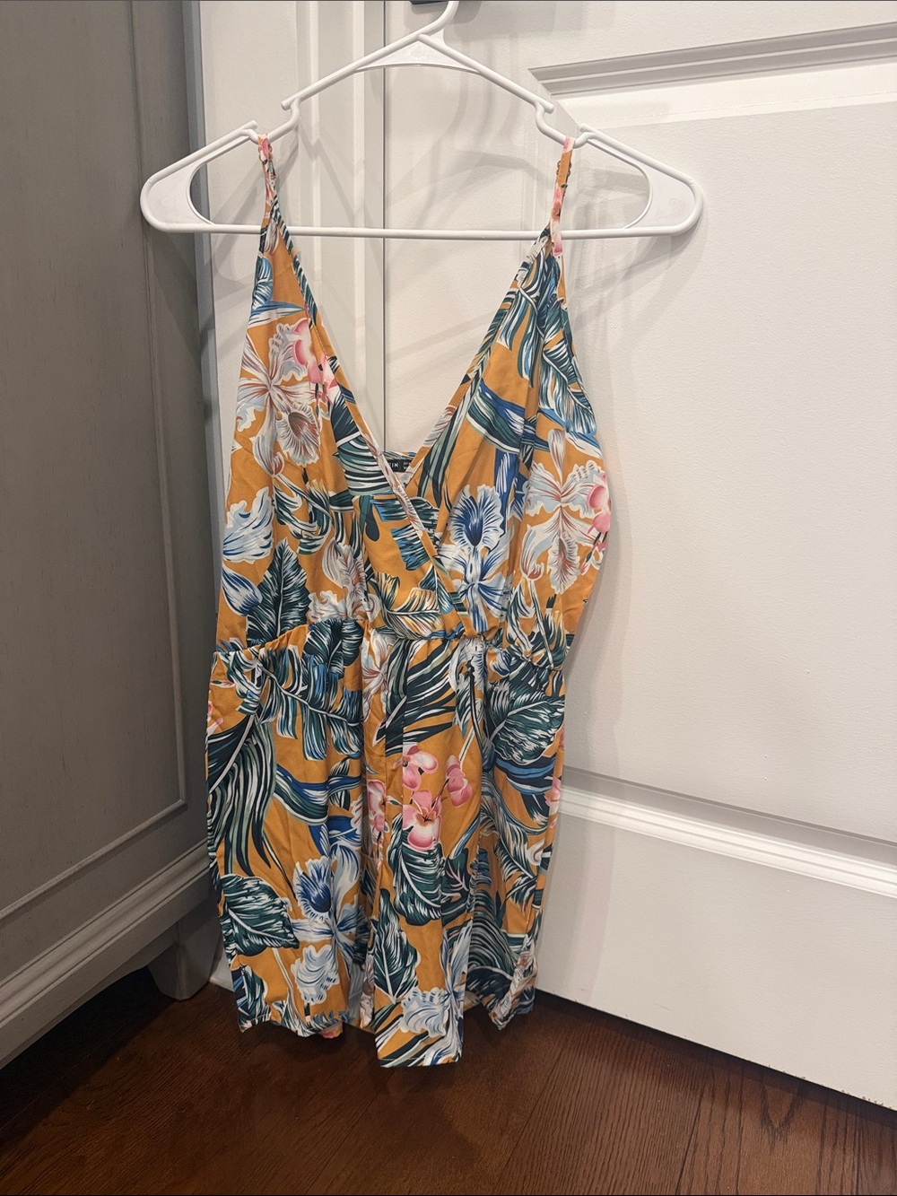 SHEIN Mustard Floral ROMPER with Blue and Pink Accents